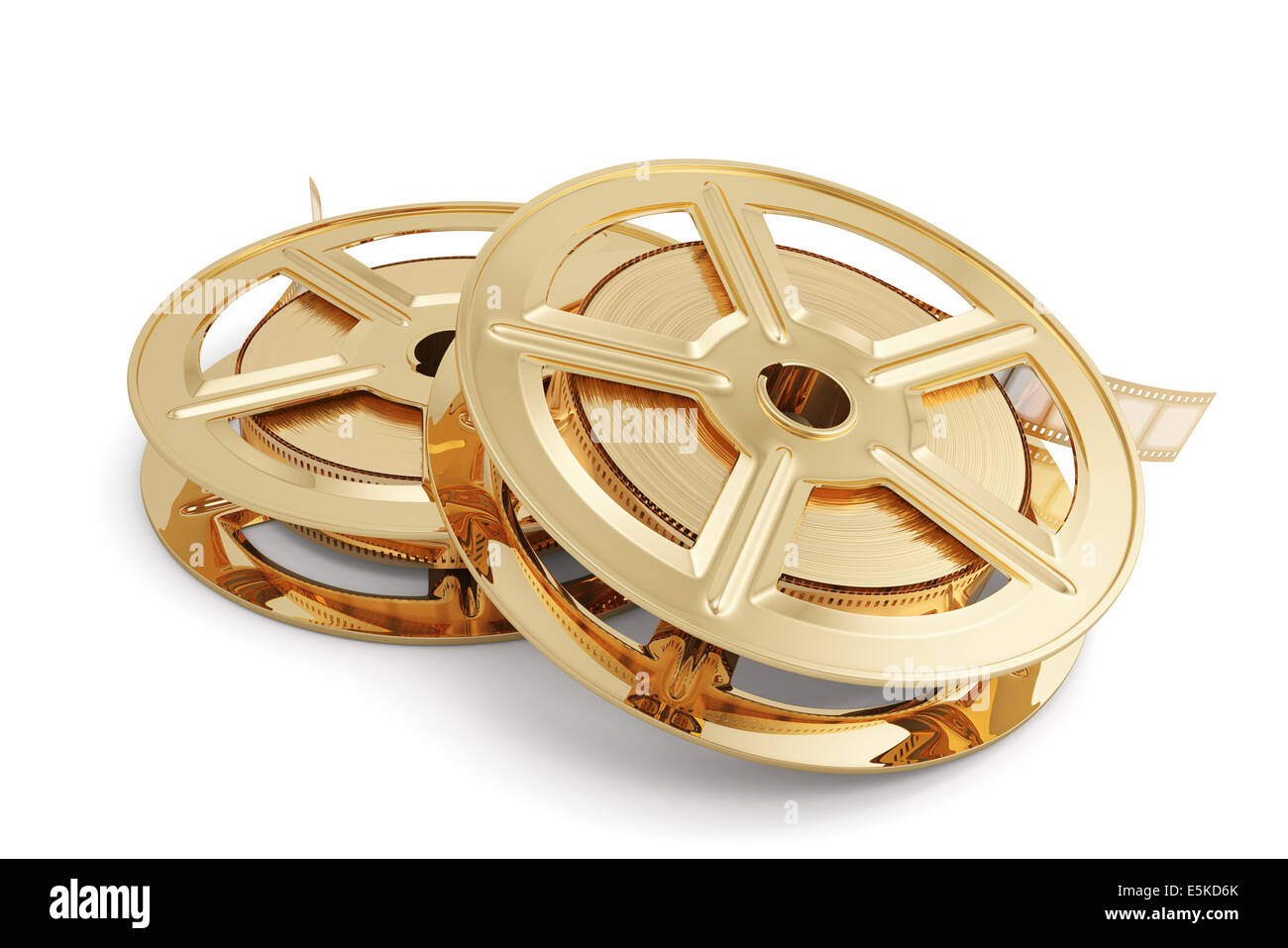 3D Abbildung des goldenen Filmrollen Stapeln isolierten auf weißen Hintergrund Stockfoto