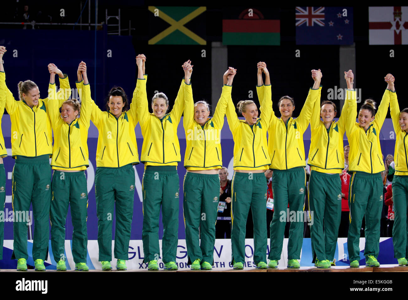 SSE Hydro Glasgow Schottland 3. August 2014. Commonwealth Games Glasgow Tag 11. Korbball final Aus V NZL.  Deutschland nehmen von 58 Tore bis 40 Gold. Stockfoto