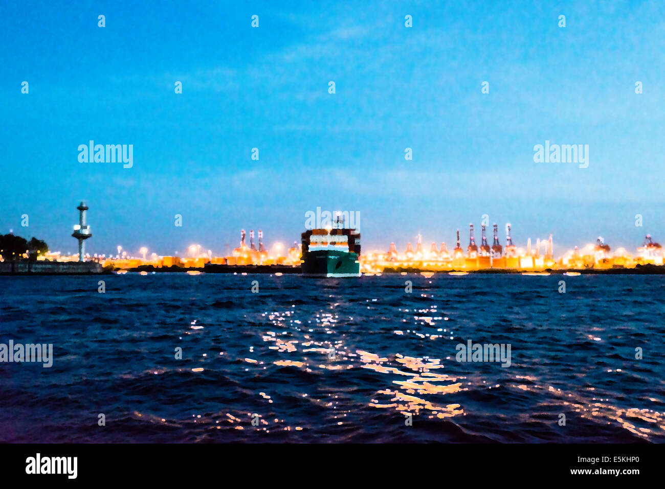 Zusammenfassung: Malerei eines Containerschiffes verlassen den Hafen bei Nacht - Foto mit Malerei Wirkung verarbeitet Stockfoto