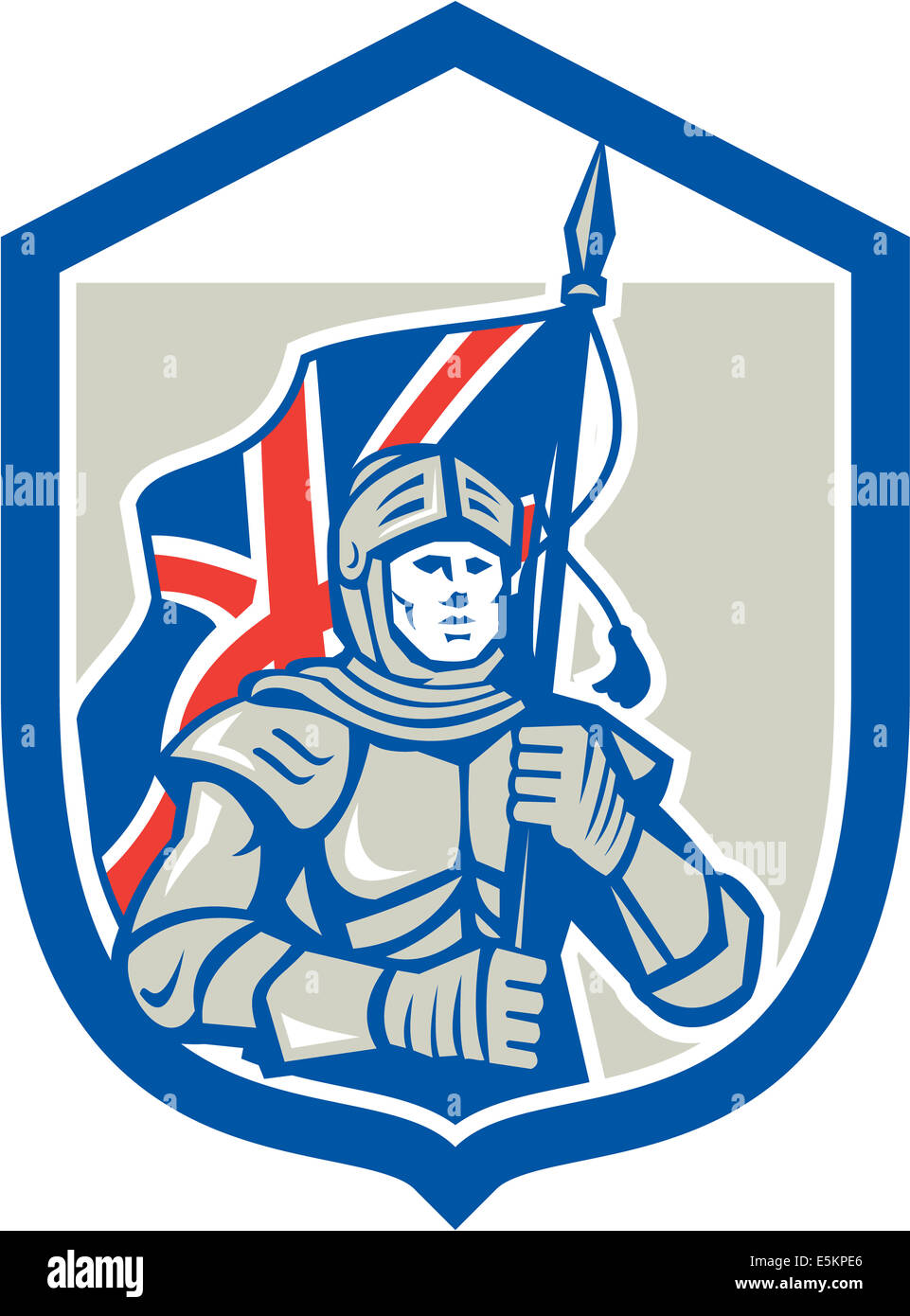 Darstellung der Ritter in voller Rüstung Hodling britischen Union Jack Flagge vor vordere Reihe innen Schild Wappen im retro-Stil auf isolierten weißen Hintergrund getan. Stockfoto