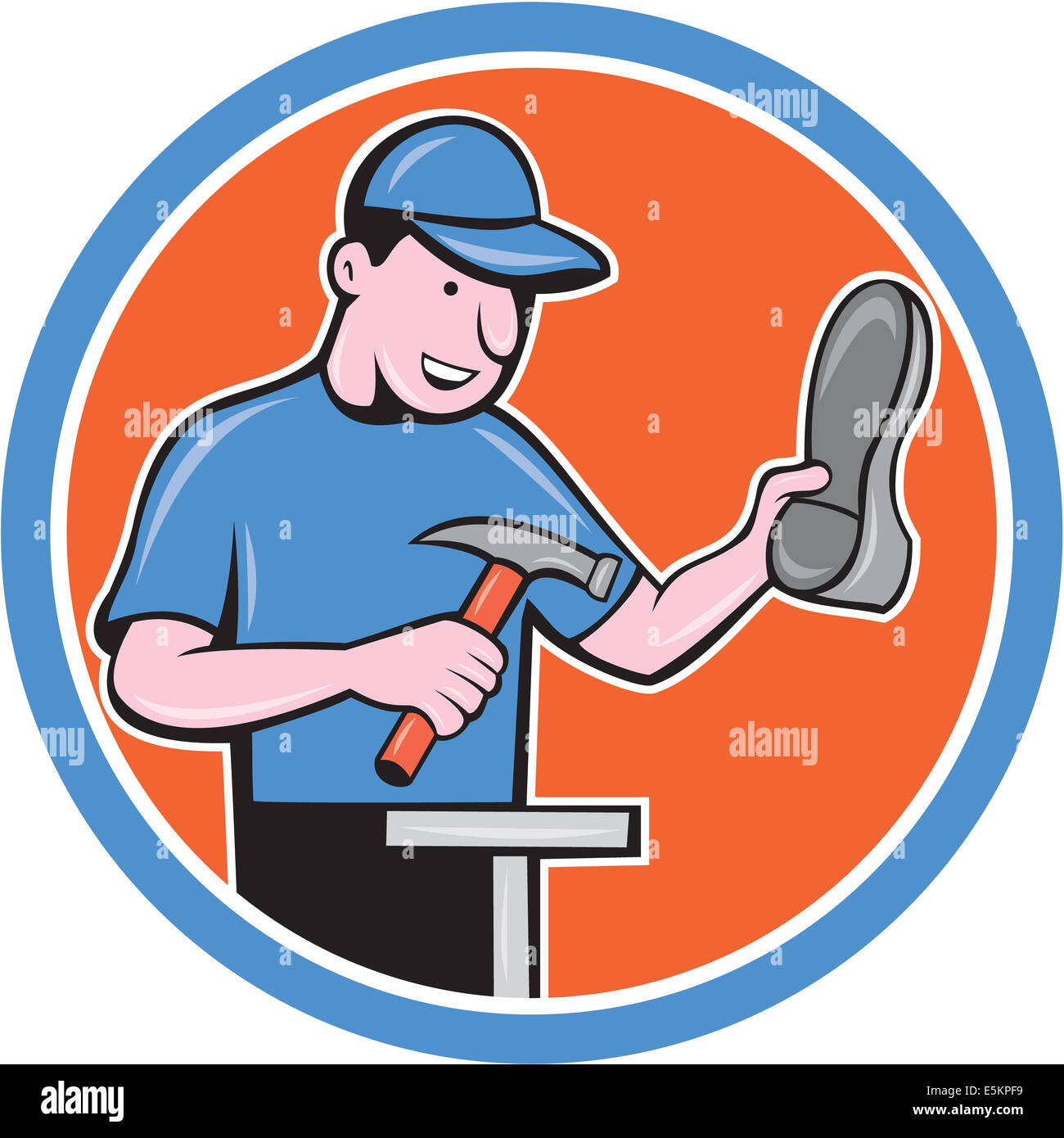 Abbildung eines Schuhs Schuhmacher Schuster reparieren mit Hammer und Schuh Arbeitsseiten im inneren Kreis auf isolierte Hintergrund getan im Cartoon-Stil. Stockfoto