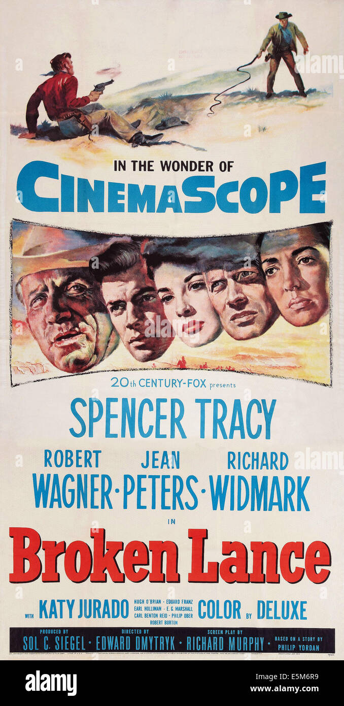 GEBROCHENE Lanze, US Plakatkunst, von links: Robert Wagner, Jean Peters, Richard Widmark, Spencer Tracy, Katy Jurado, 1954, TM und Stockfoto