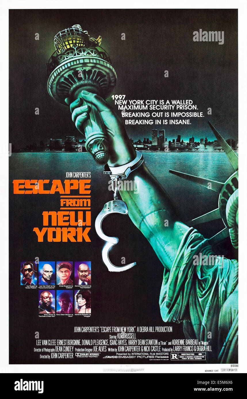ESCAPE FROM NEW YORK, Kurt Russell, Lee Van Cleef, Ernest Borgnine, Donald Pleasence, Isaac Hayes, Adrienne Barbeau, 1981 Stockfoto