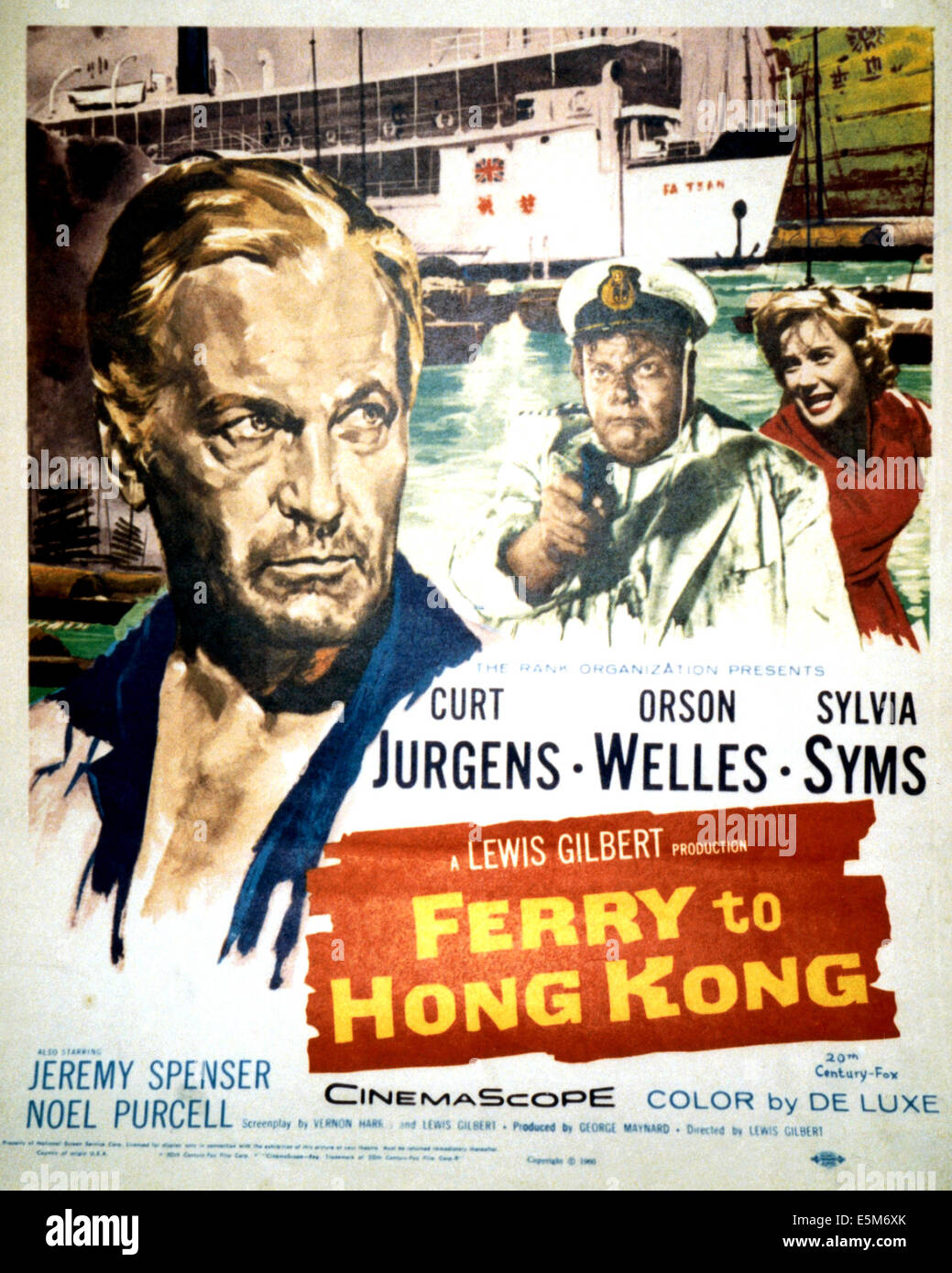 FERRY, HONG KONG, von links: Curd Jürgens, Orson Welles, Sylvia Syms, 1959. © 20th Century Fox, TM & Urheberrecht, Höflichkeit Stockfoto