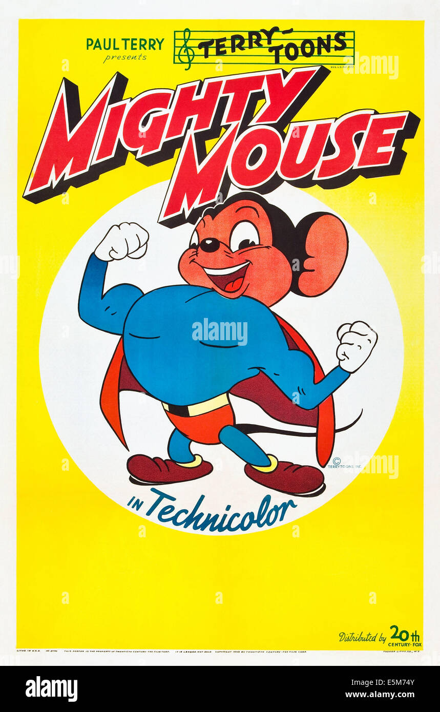 MIGHTY MOUSE Karikaturen Plakatkunst für Terry-Toons Mighty Mouse in Technicolor, ca. 1940er Jahre. TM und © Copyright des 20. Jahrhunderts Stockfoto
