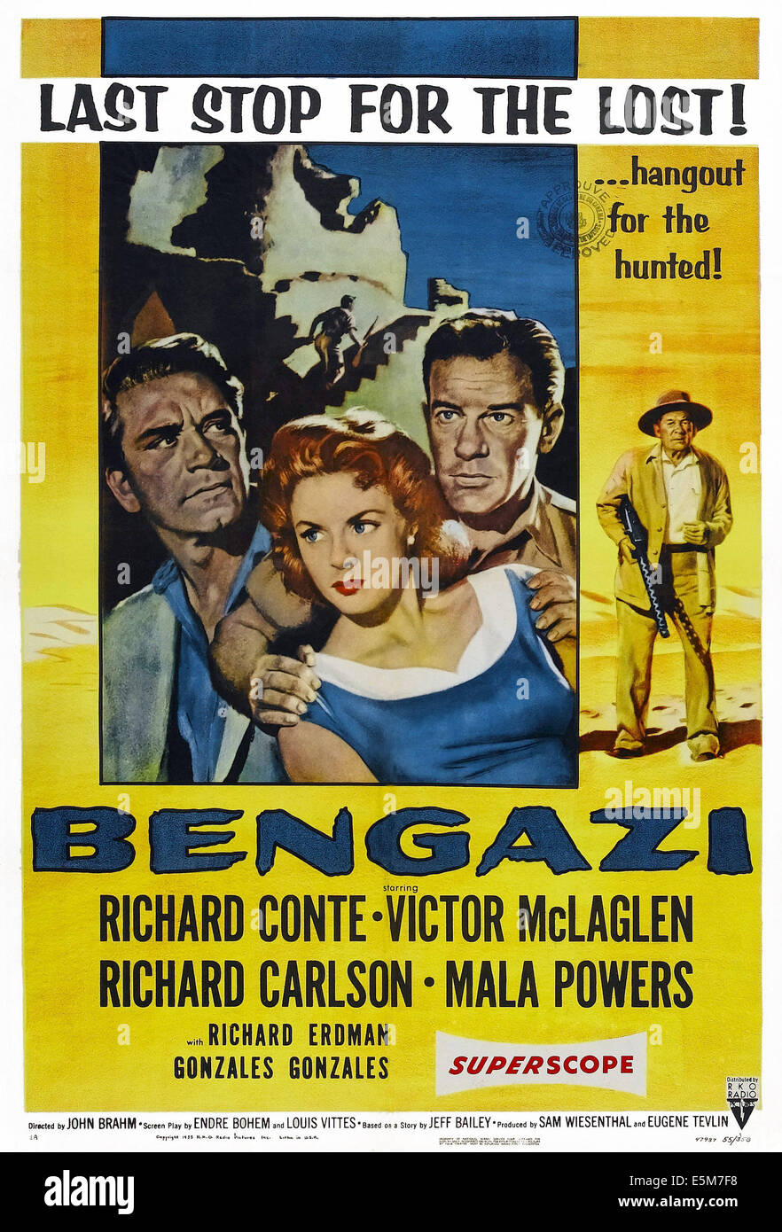 Bengasi, US-Plakat, von links: Richard Conte, Mala Powers, Richard Carlson, Victor McLaglen, 1955 Stockfoto
