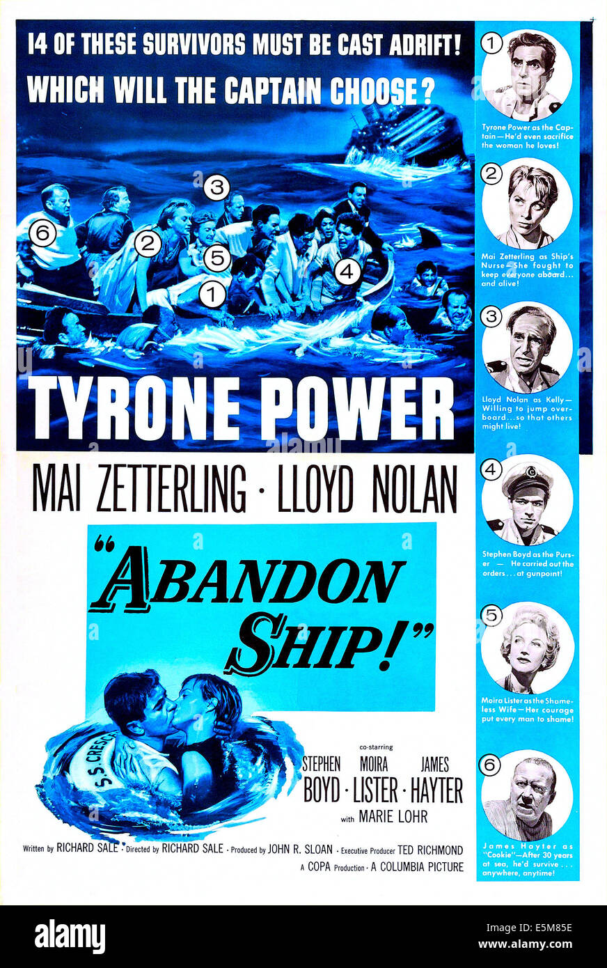 Schiff verlassen!, (aka SEVEN WAVES AWAY), US-Plakat, rechts von oben: Tyrone Power, Mai Zetterling, Lloyd Nolan, Stephen Boyd, Stockfoto