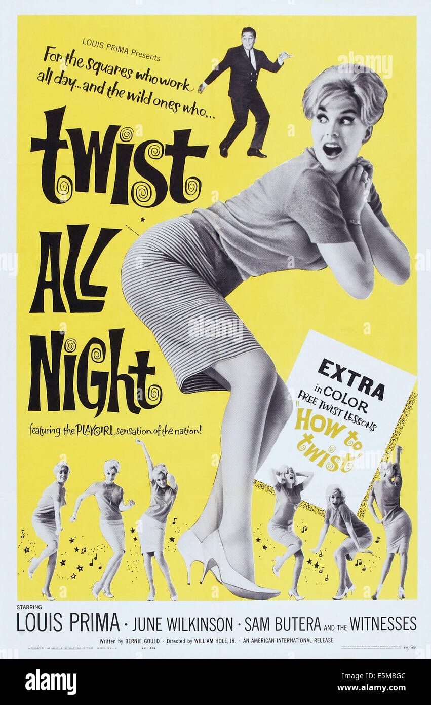 Drehen Sie alle Nacht, (aka THE CONTINENTAL TWIST), US-Plakat, von oben: Louis Prima, June Wilkinson, 1961 Stockfoto
