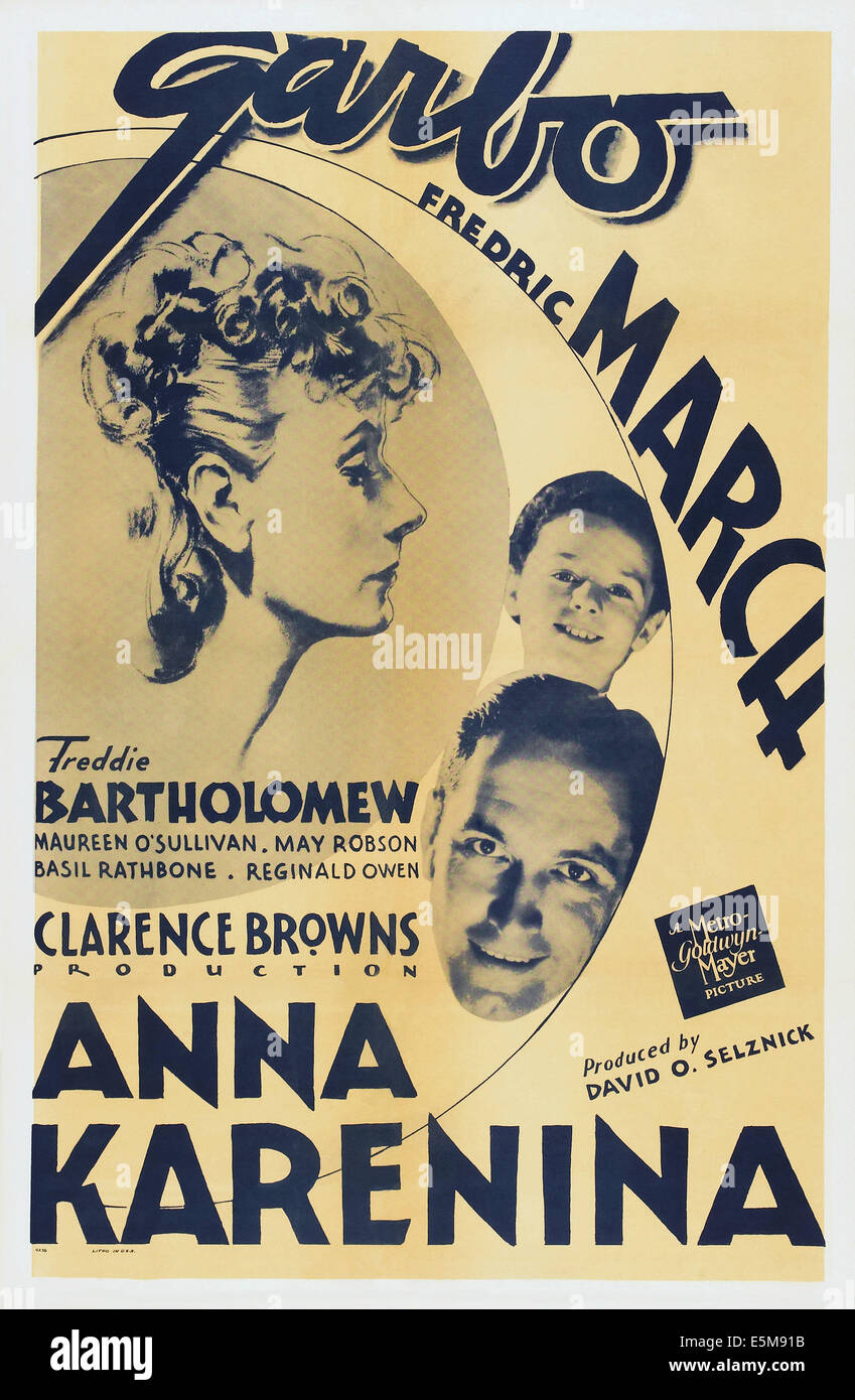 ANNA KARENINA, US Plakatkunst, im Uhrzeigersinn von links: Greta Garbo, Freddie Bartholomew, Fredric März 1935 Stockfoto