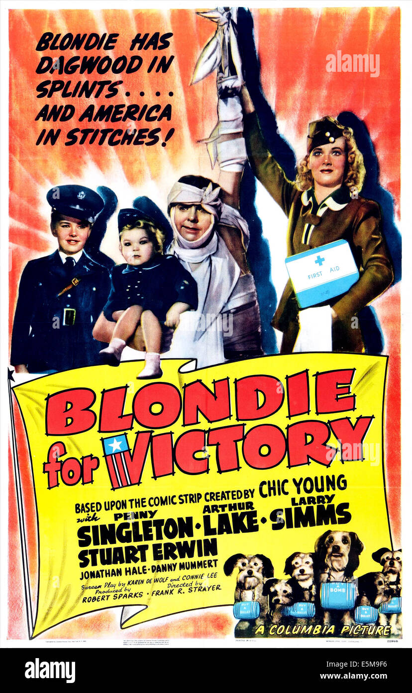 BLONDIE für Sieg, US-Poster, von links: Danny Mummert, Larry Simms, Arthur Lake, Penny Singleton, Daisy (unten, 4. von Stockfoto