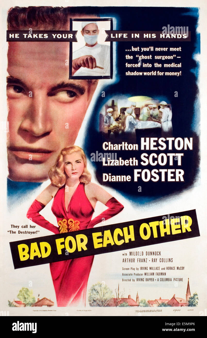 SCHLECHT für einander, Charlton Heston, Lizabeth Scott, 1953. Stockfoto