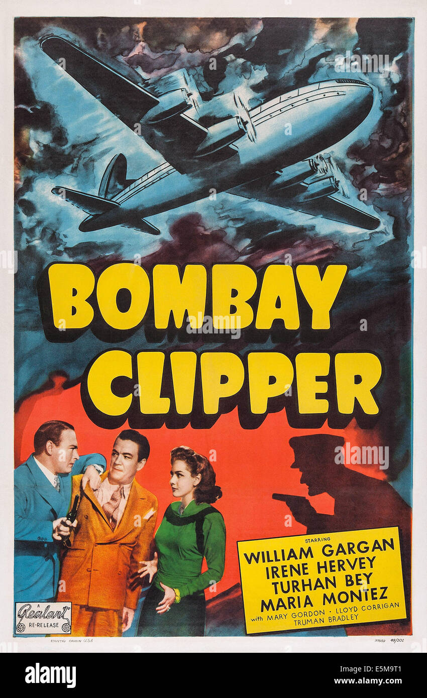 BOMBAY-CLIPPER, l-r: William Gargan, Truman Bradley, Maria Montez auf Plakatkunst, 1942. Stockfoto