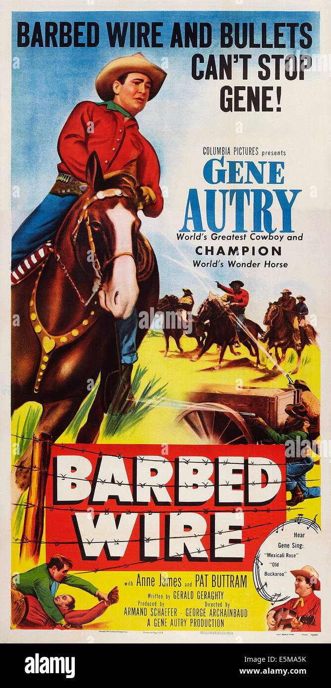 Stacheldraht, oben: Gene Autry mit Champion das Wunder Pferd auf Plakatkunst, 1952. Stockfoto