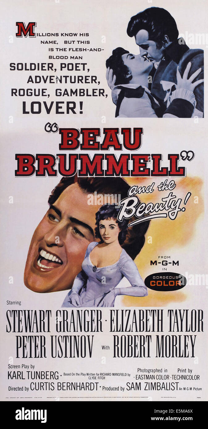 BEAU BRUMMELL, US Plakatkunst, oben rechts & Zentrum: Stewart Granger, Elizabeth Taylor, 1954. Stockfoto