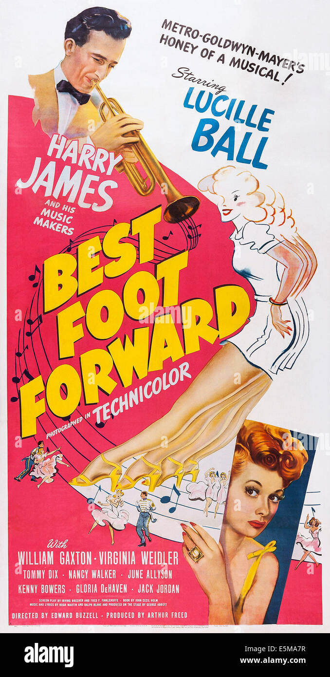 BEST FOOT FORWARD, von oben: Harry James, Lucille Ball auf drei Blatt Poster, 1943. Stockfoto