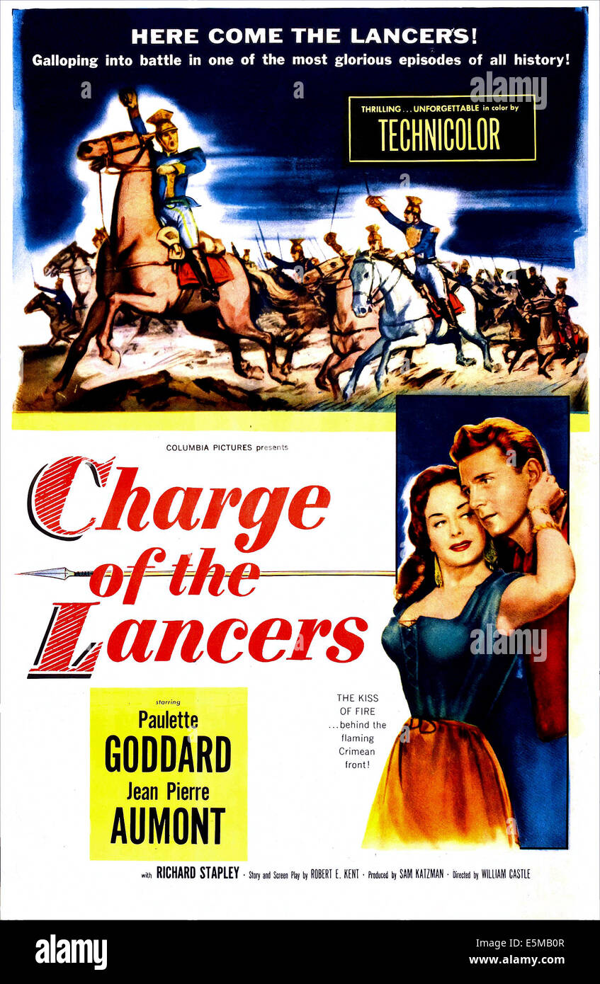 KOSTENLOS THE LANCERS, US-Plakat, unten von links: Paulette Goddard, Jean-Pierre Aumont, 1954 Stockfoto