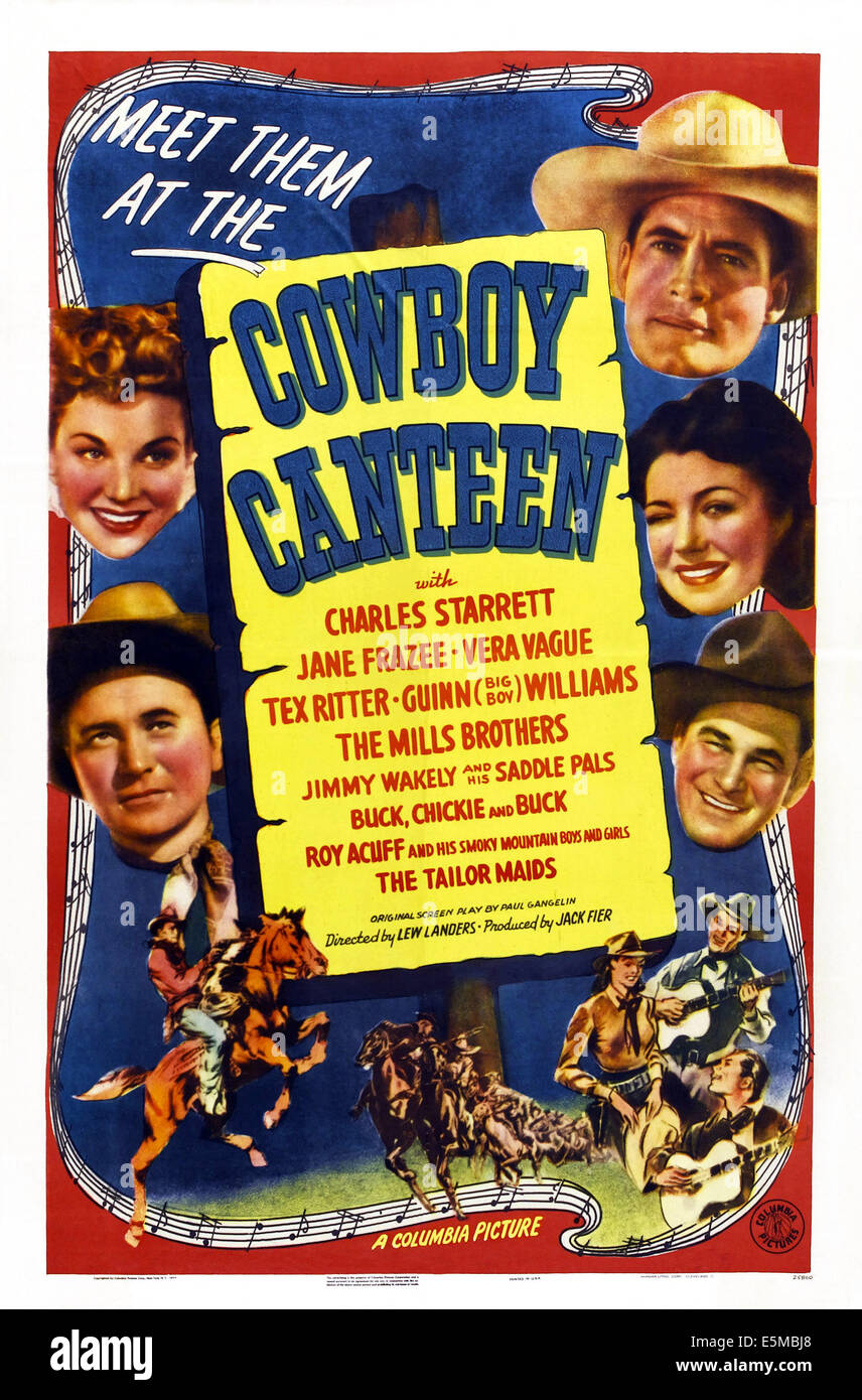 COWBOY-Kantine, US-Plakat, von oben links: Jane Frazee, Tex Ritter, rechts von oben: Charles Starrett, Barbara Jo Allen (als Vera Stockfoto