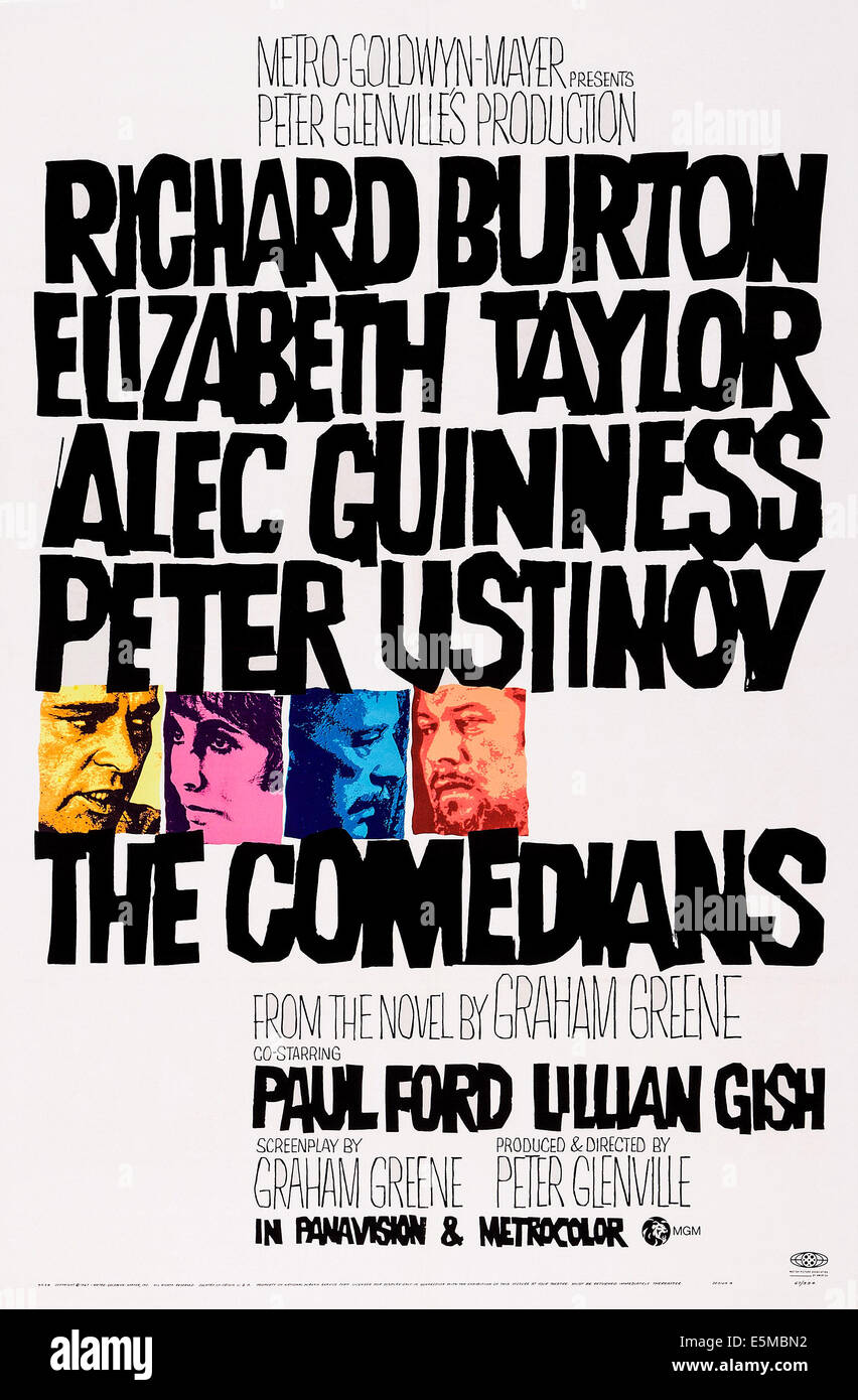 DIE COMEDIANS US Plakatkunst, von links: Richard Burton, Elizabeth Taylor, Alex Guinness, Peter Ustinov, 1967 Stockfoto