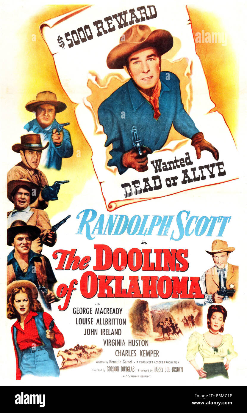 DOOLINS von OKLAHOMA, USA-Plakat, von oben: Randolph Scott, Charles Kemper, Frank Fenton, Noah Beery Jr., John Ireland, Dona Stockfoto