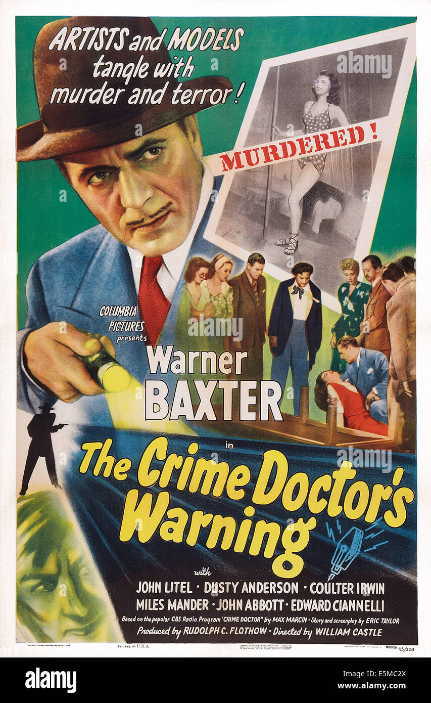 DER CRIME DOCTOR Warnung, US Plakatkunst, Warner Baxter, 1945 Stockfoto