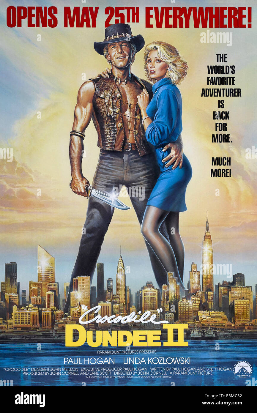 CROCODILE DUNDEE II, US-Plakat, von links: Paul Hogan, Linda Kozlowski, 1988, © Paramount/Courtesy Everett Collection Stockfoto