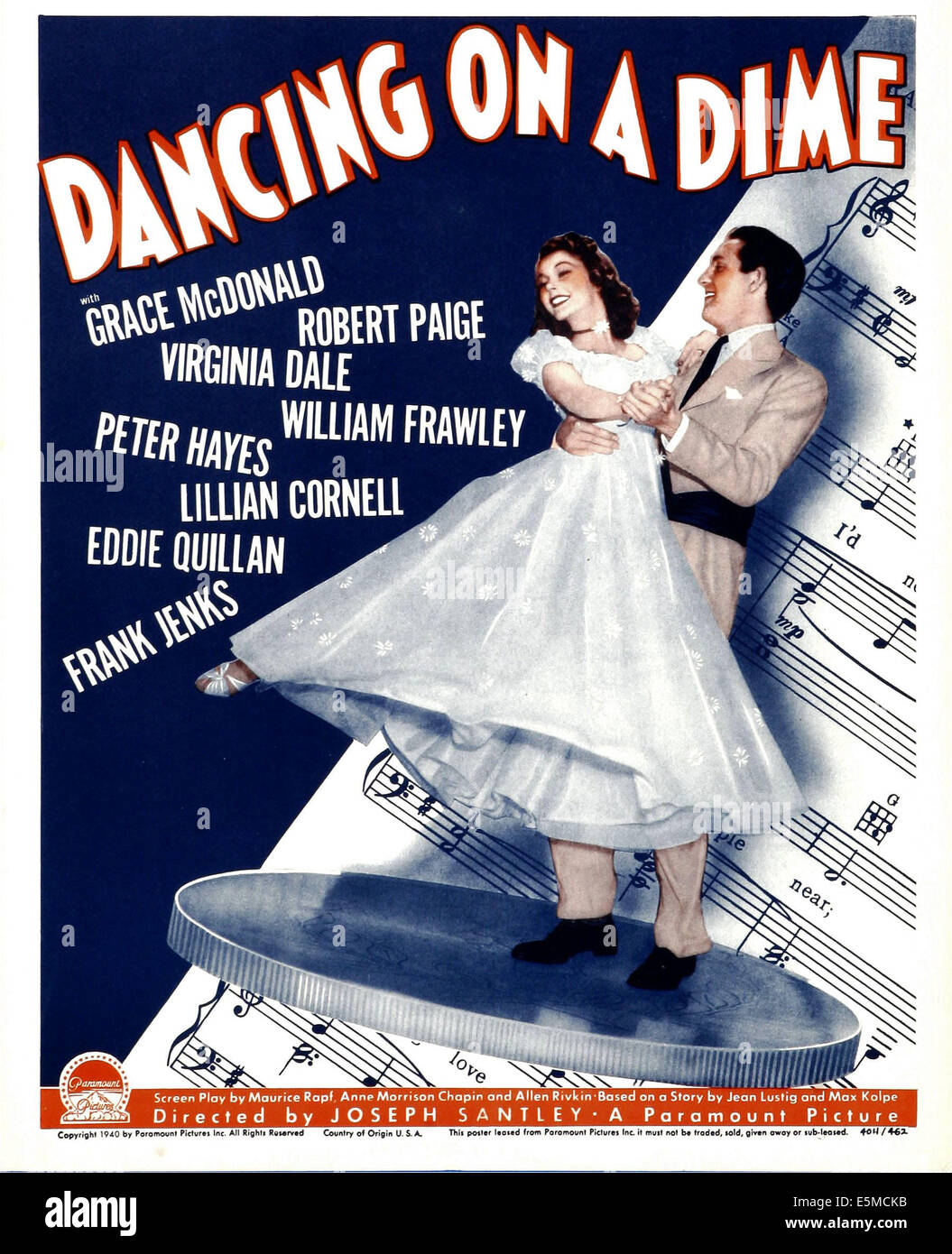 DANCING ON A DIME, von links: Grace McDonald, Robert Paige auf Fenster Karte, 1940 Stockfoto