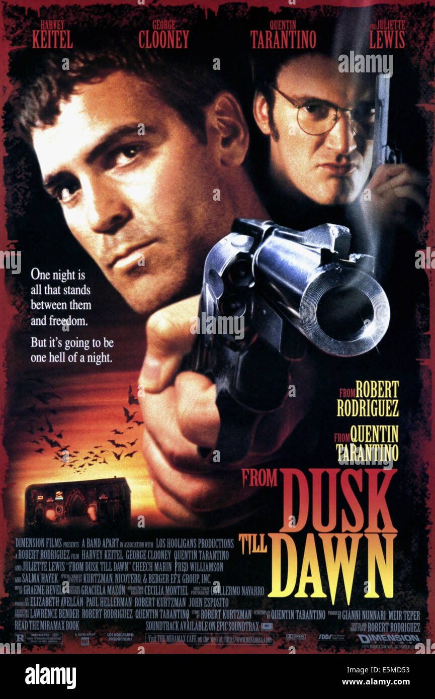 FROM DUSK TILL DAWN l-r: George Clooney, Quentin Tarantino auf Plakatkunst, 1996, © Dimension Films/Courtesy Everett Collection Stockfoto