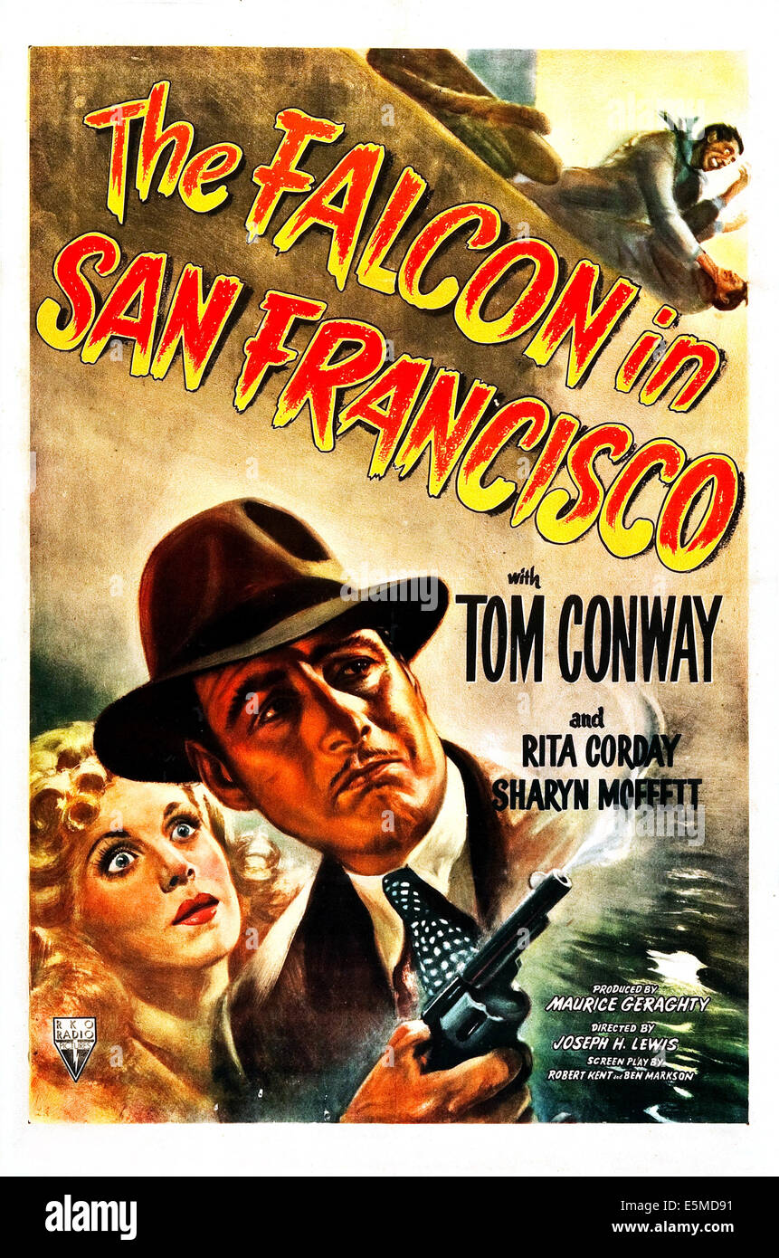 Das FALCON IN SAN FRANCISCO, US-Plakat von links: Rita Corday, Tom Conway, 1945 Stockfoto