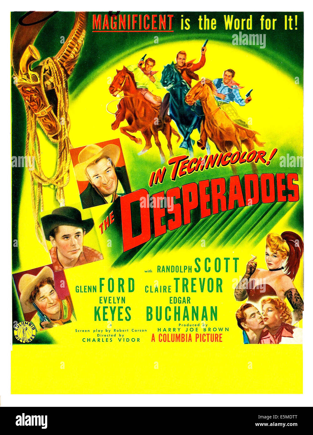 DIE Desperados US-Plakat, von unten links: Guinn Williams, Glenn Ford, Randolph Scott, unten rechts von oben: Claire Stockfoto