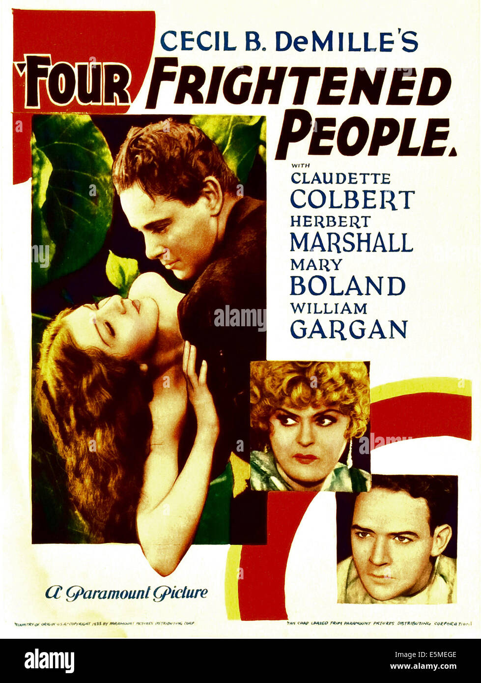 VIER VERÄNGSTIGTEN Menschen, von links: Herbert Marshall, Mary Boland, Claudette Colbert, William Gargan auf Kleinst-Fenster Karte, 1934. Stockfoto