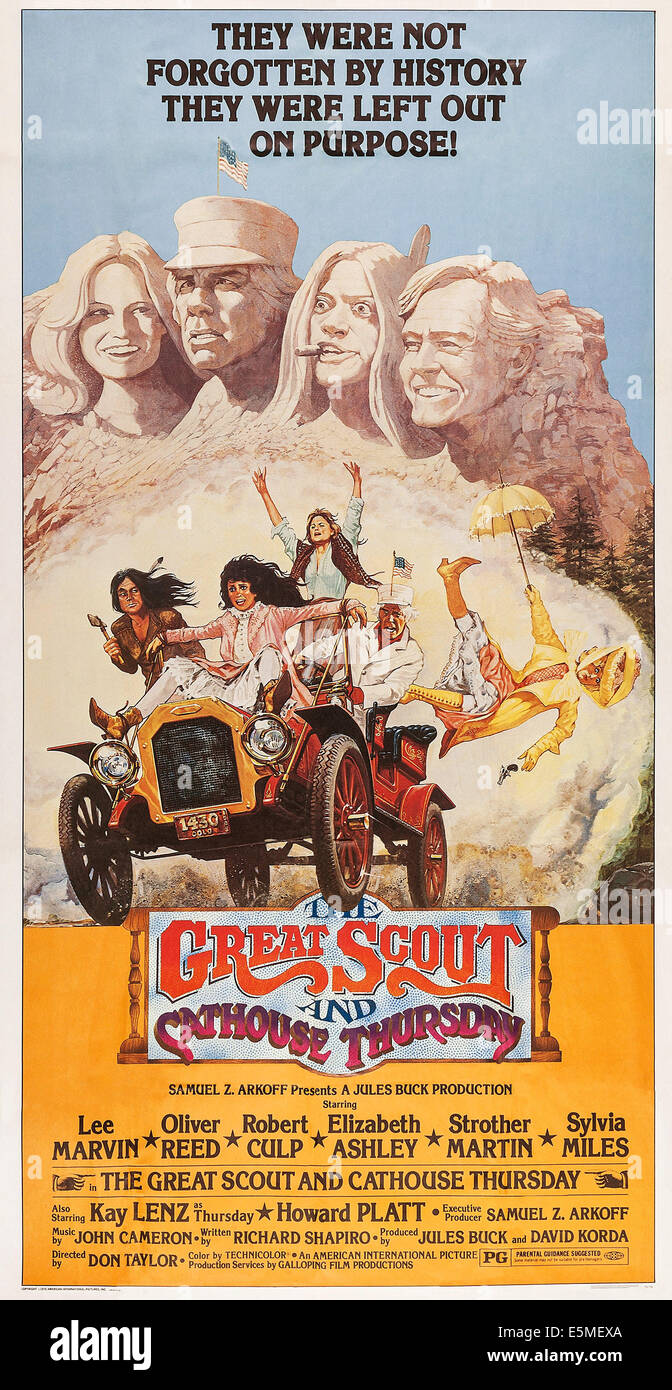 DIE große SCOUT und CATHOUSE Donnerstag, US Plakatkunst, oben, von links: Kay Lenz, Lee Marvin, Oliver Reed, Robert Culp, 1976 Stockfoto