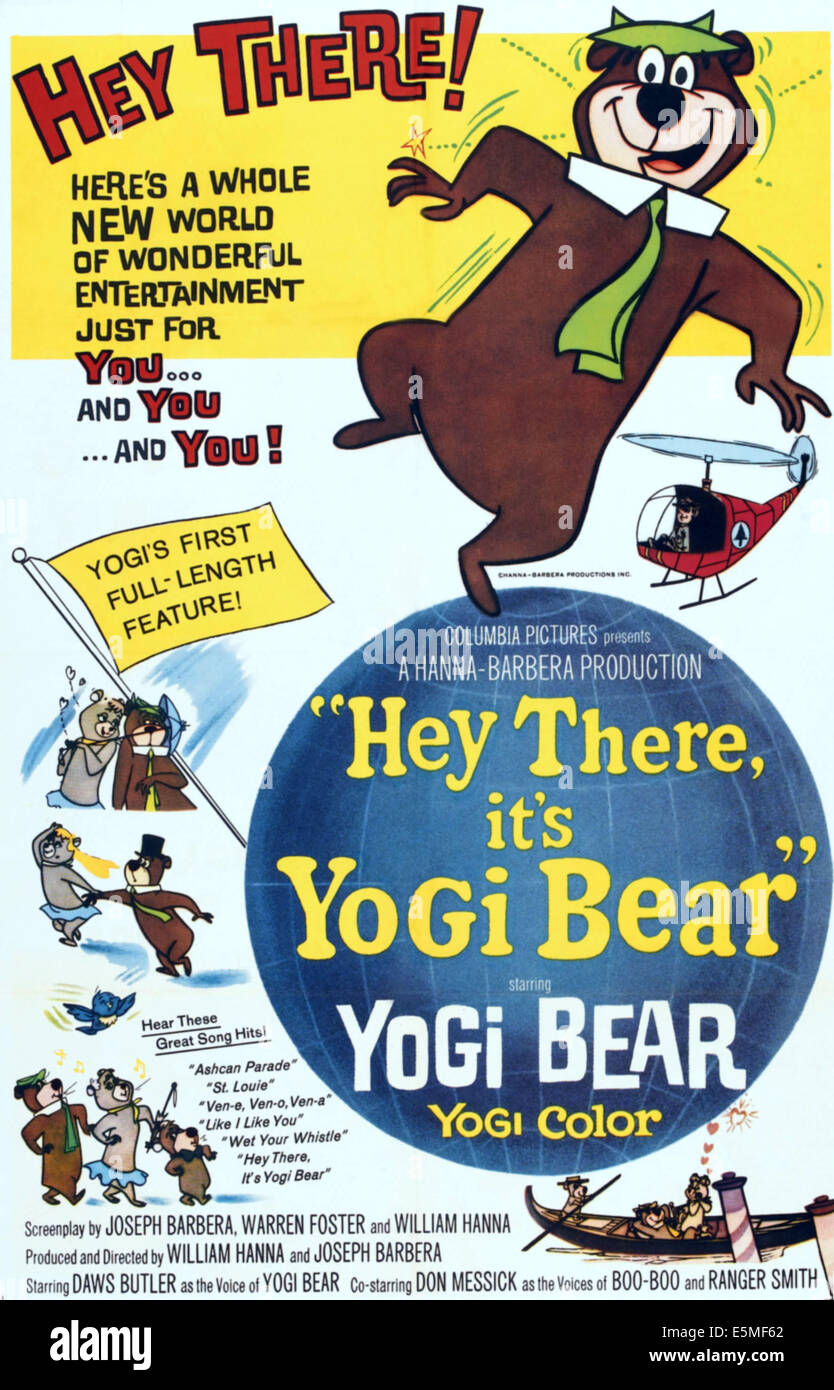 HEY, es gibt YOGI BEAR, oben rechts: Yogi Bear, von oben links: Cindy Bear, Yogi Bär, Boo-Boo auf Plakatkunst, 1964. Stockfoto
