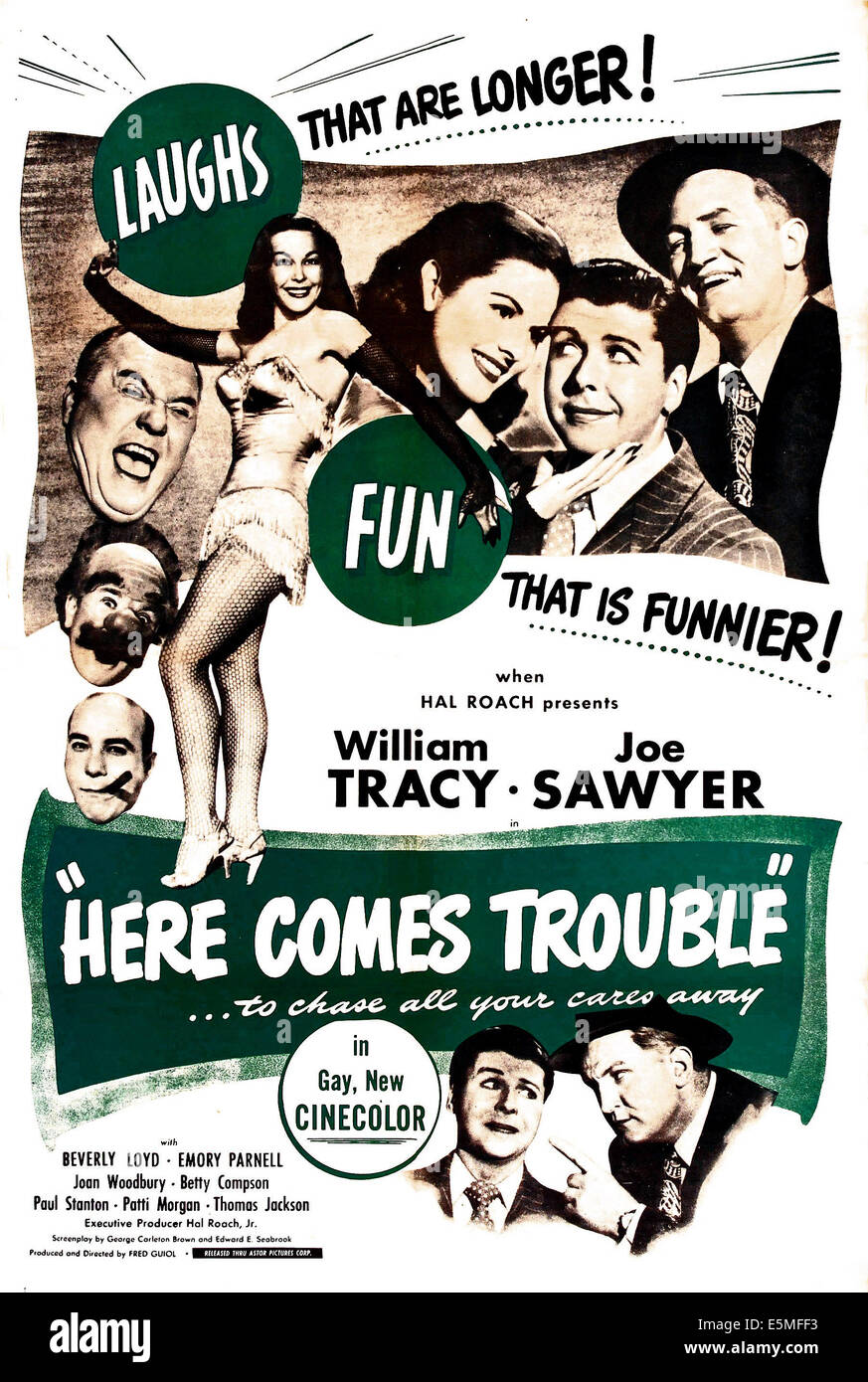 Hier kommt Ärger, US-Plakat, oben von links: Joan Woodbury, Beverly Lloyd, William Tracy, Joe Sawyer, ganz von oben links: Emory Stockfoto