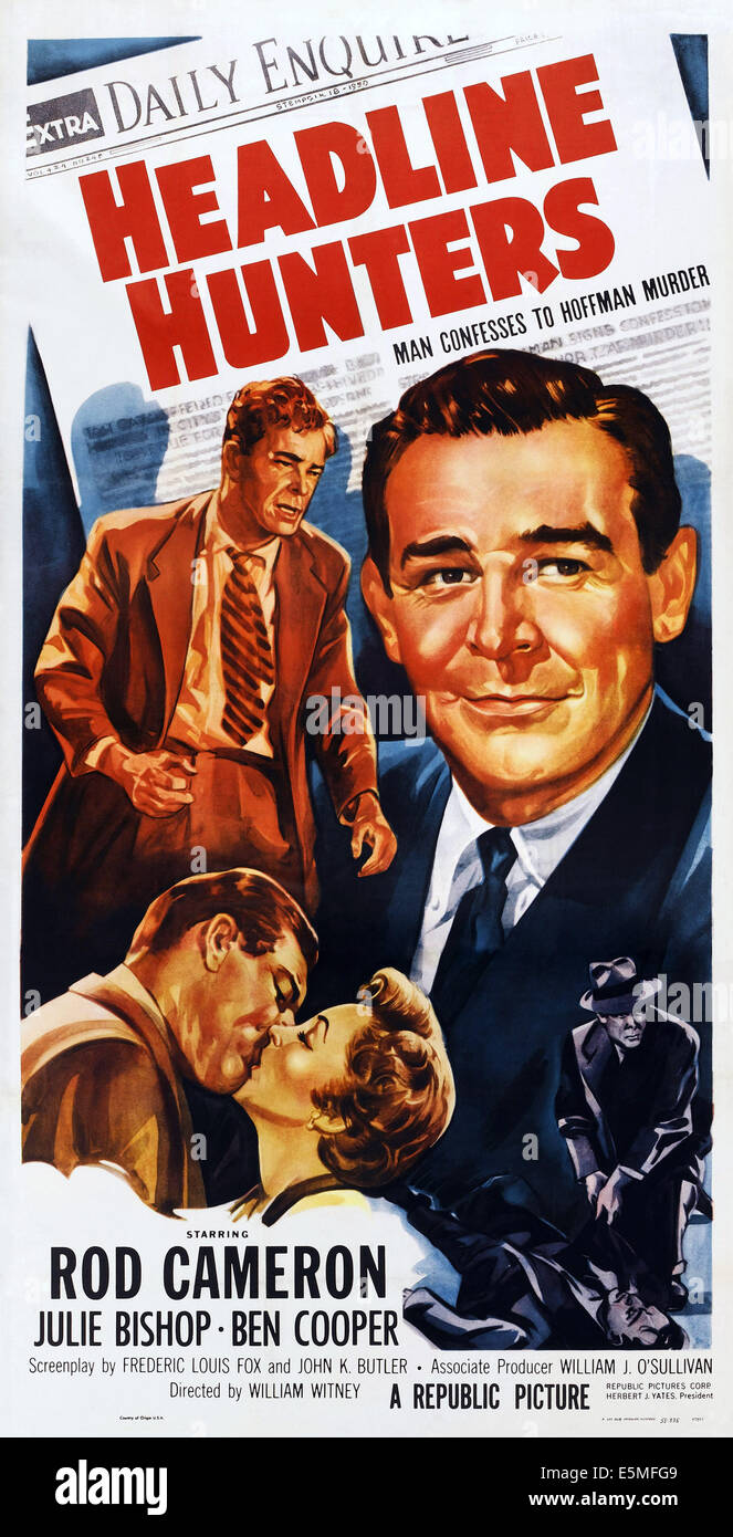 Überschrift Jäger, US-Poster, Rod Cameron (hinten rechts und links), küssen, von links: Rod Cameron, Julie Bishop, 1955 Stockfoto