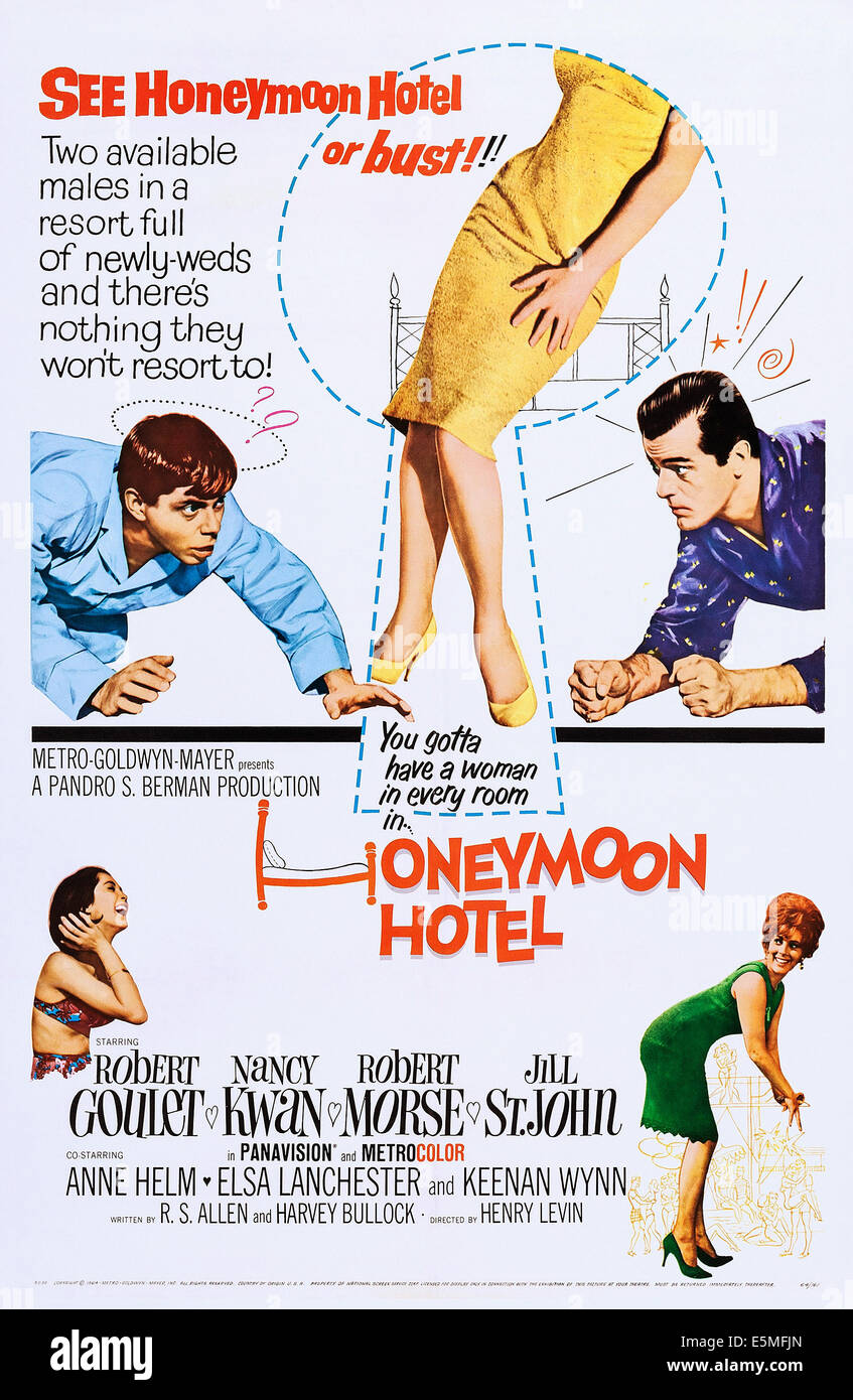 Flitterwochen-HOTEL, US-Plakat, oben von links: Robert Morse, Robert Goulet, unten von links: Nancy Kwan, Jill St. John, 1964 Stockfoto
