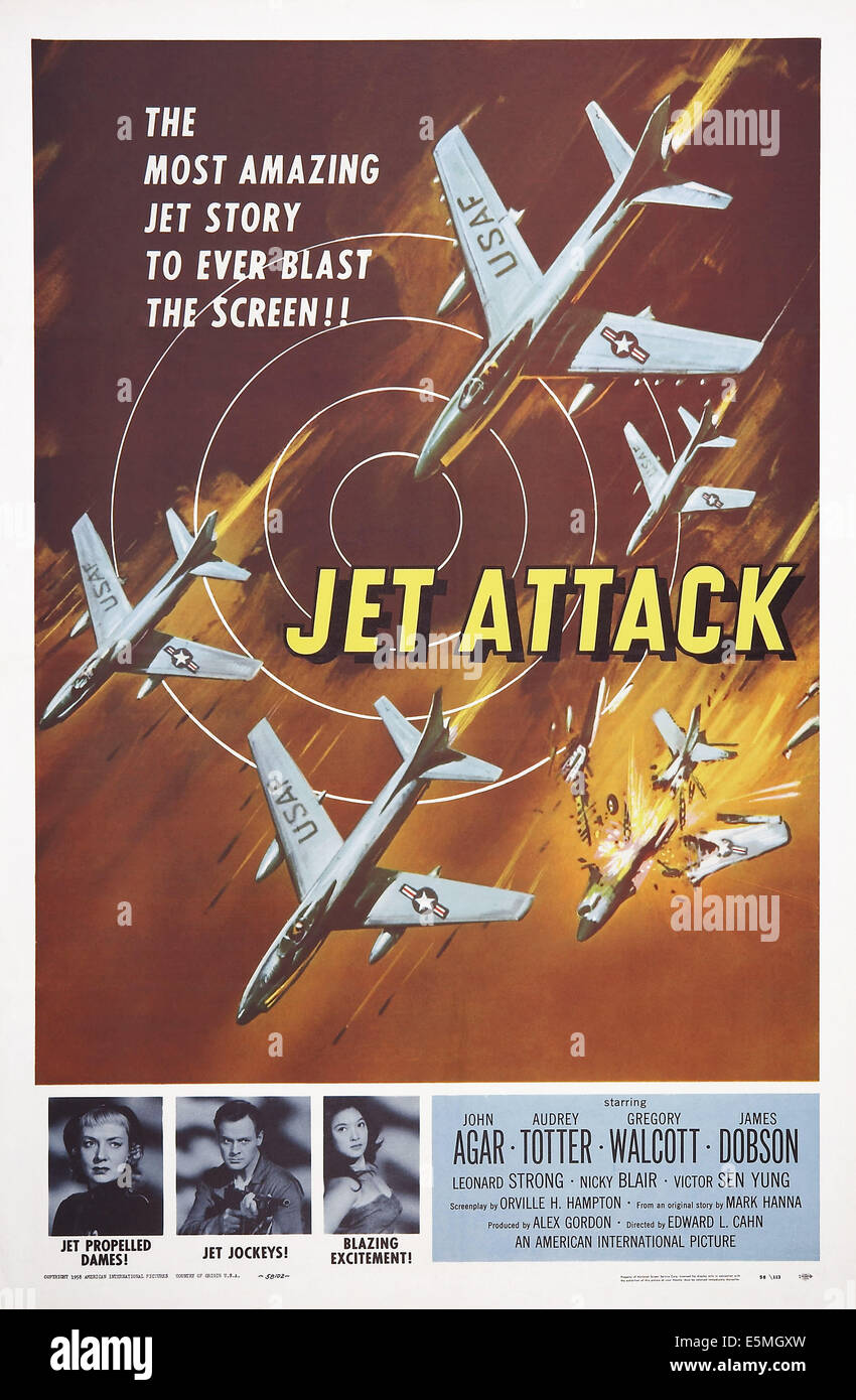 JET-Angriff, unten l-r: Audrey Totter, John Agar, Stella Lynn auf Plakatkunst, 1958 Stockfoto