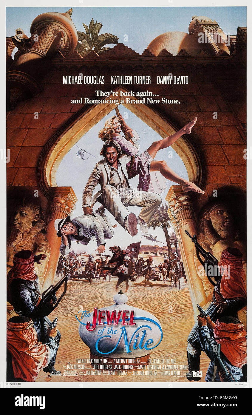 DIE JEWEL OF THE NILE, US-Plakat-Kunst, von links: Danny DeVito, Michael Douglas und Kathleen Turner, 1985, TM & Copyright © 20th Stockfoto