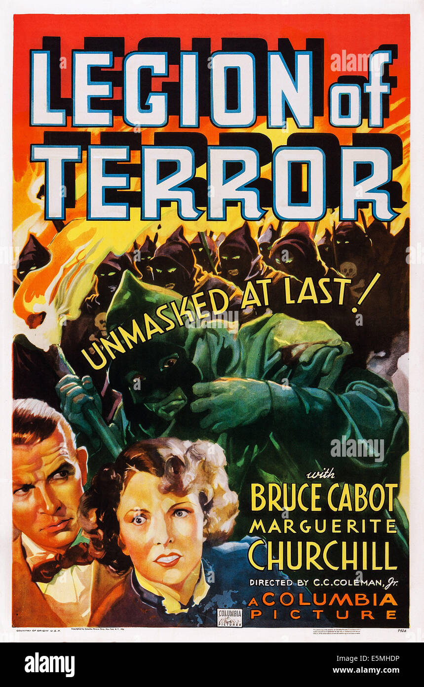 LEGION OF TERROR, USA Plakatkunst, von links: Bruce Cabot, Marguerite Churchill, 1936 Stockfoto