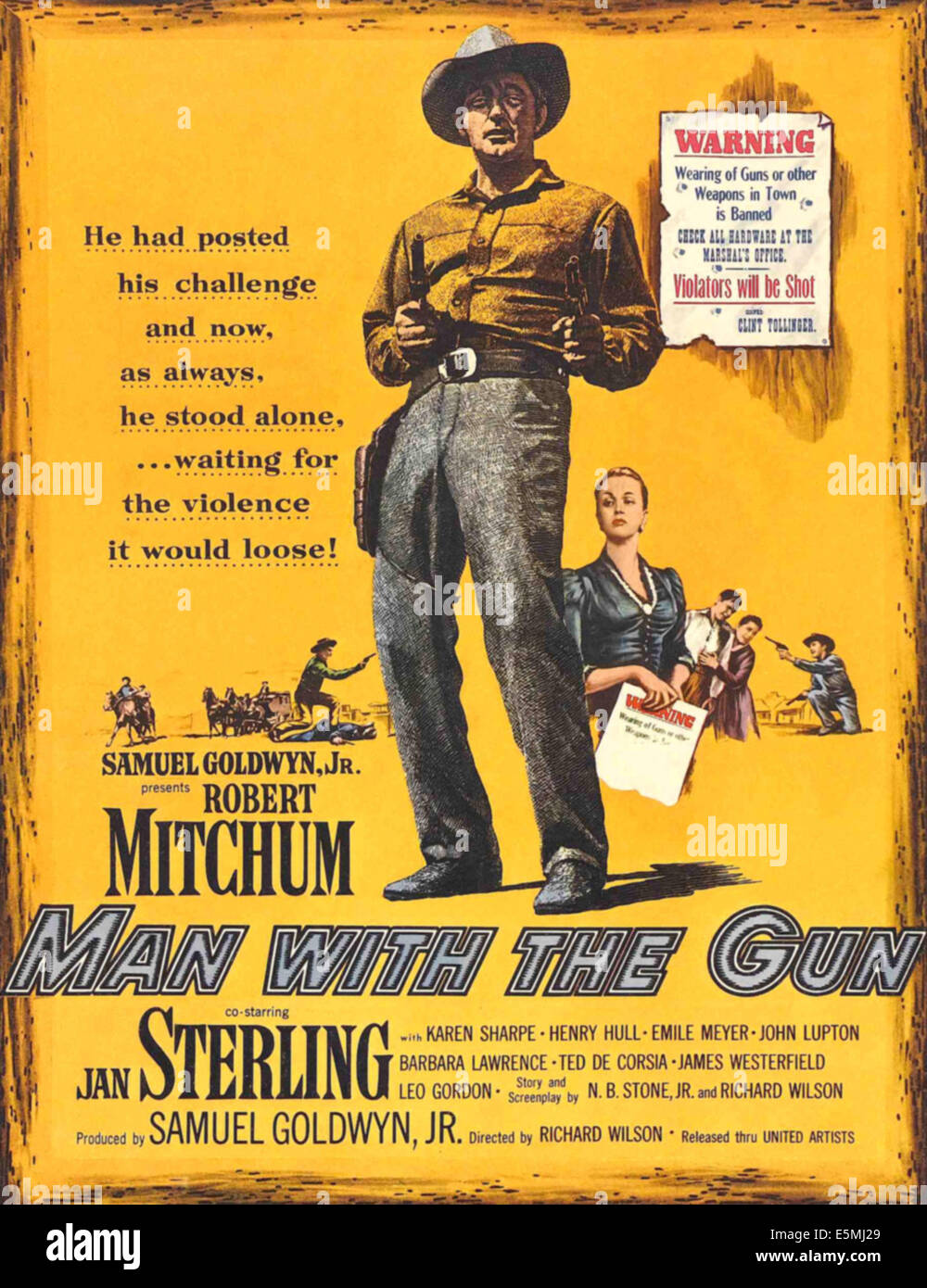 Mann mit dem Colt, l-r: Robert Mitchum, Jan Sterling auf Plakatkunst, 1955 Stockfoto