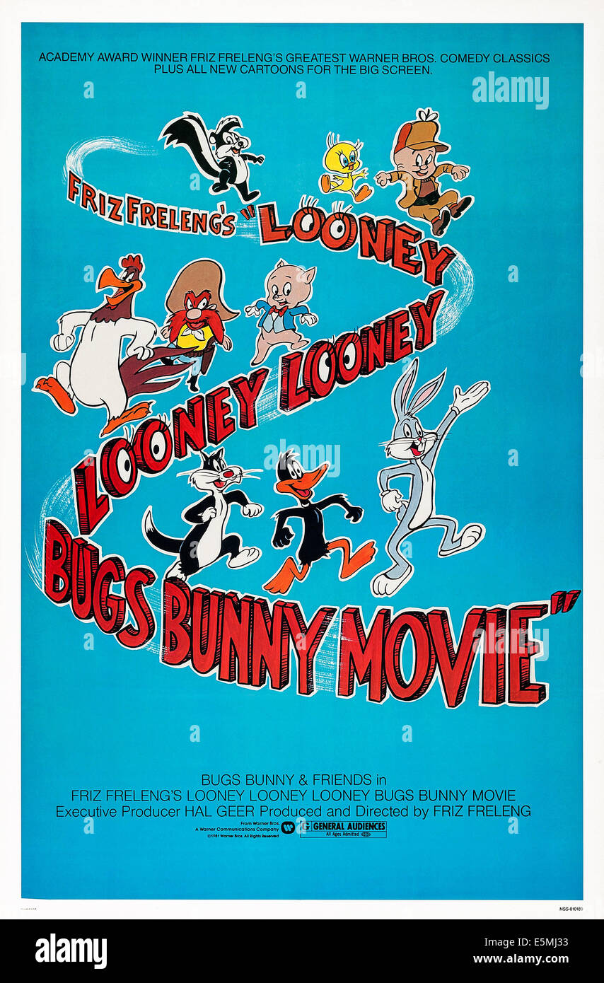 LOONEY, LOONEY, LOONEY BUGS BUNNY Film, USA Plakatkunst von oben: Pepe Le Pew, Tweety, Elmer Fudd, Porky Pig, Yosemite Sam Stockfoto