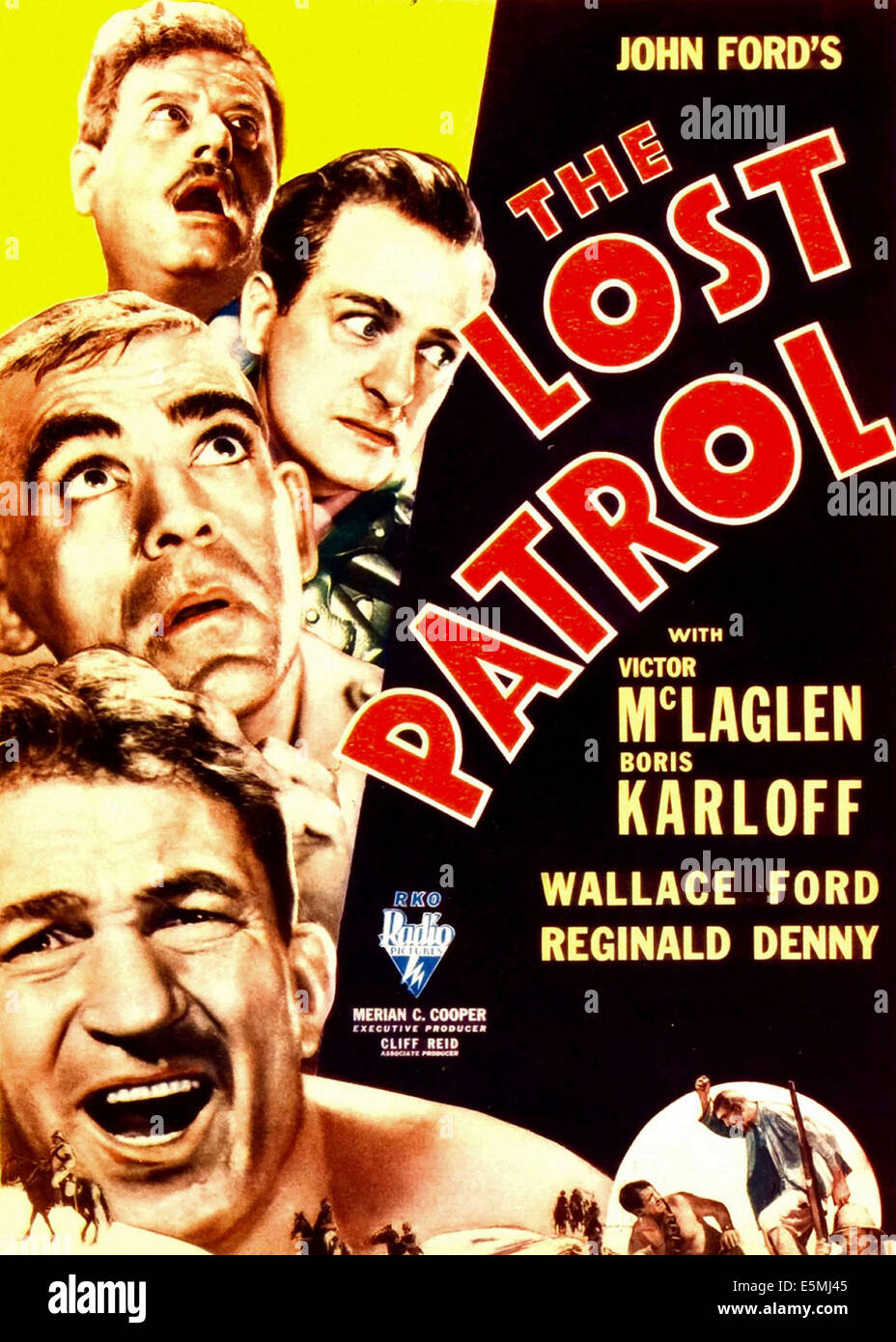 DIE LOST PATROL, von oben: Wallace Ford, Reginald Denny, Boris Karloff, Victor McLaglen auf Kleinst-Fenster Karte, 1934. Stockfoto