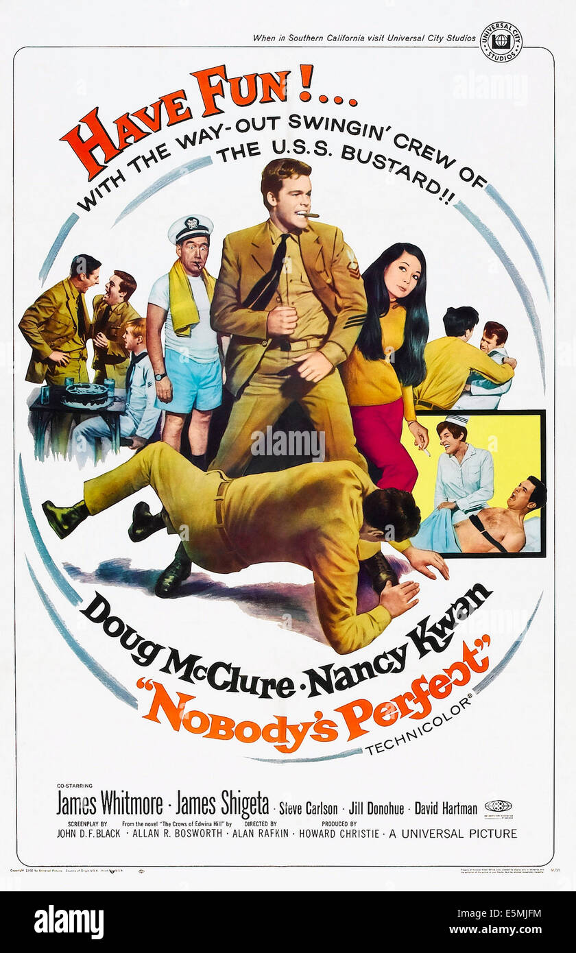 Niemand ist perfekt, US Plakat, Mitte von links: Doug McClure, James Whitmore (GAP), Doug McClure, David Hartman, Nancy Kwan, 1968 Stockfoto