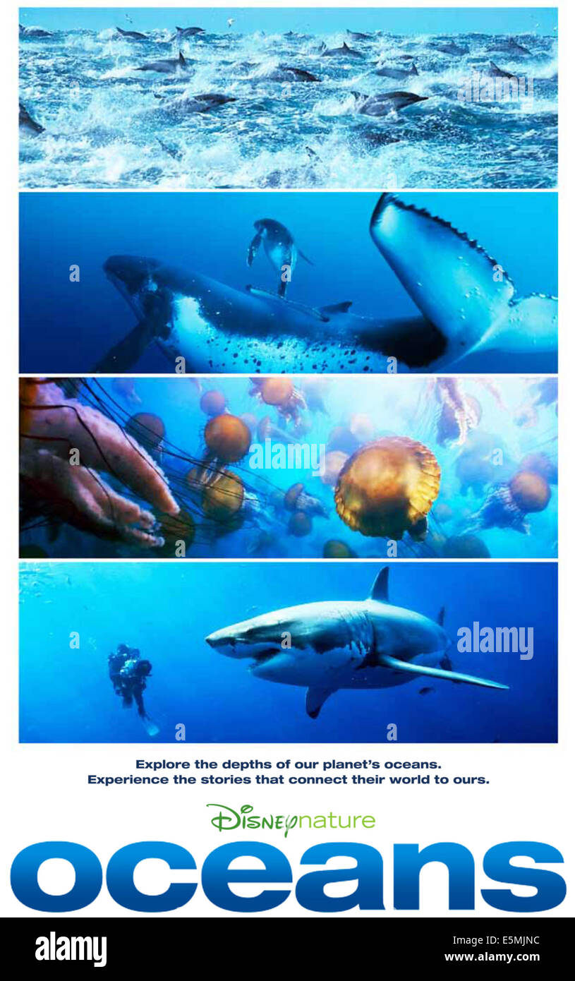 Ozeane, von oben: Tümmler, Buckelwale, Meer Nesseln, weißer Hai, 2009. © Disneynature/Courtesy Everett Stockfoto