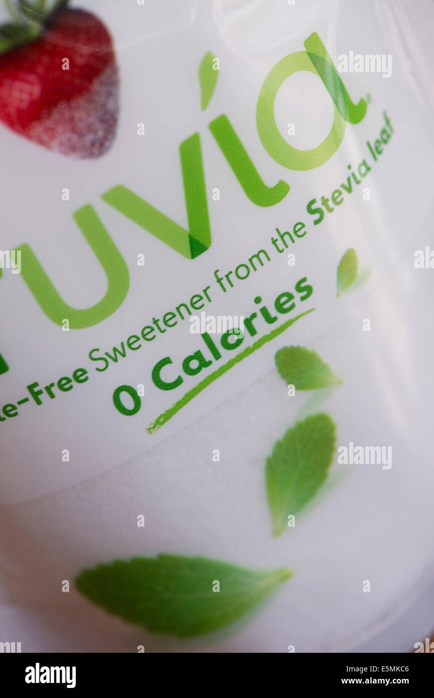 Truvia, Kalorien freie Süßstoff aus Stevia Blatt gemacht. Kennzeichnung von Lebensmitteln Paket Stockfoto