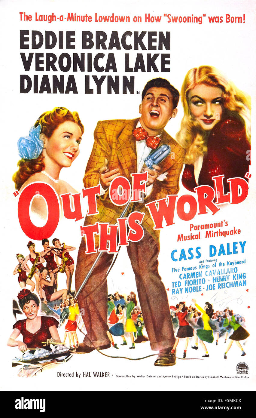 OUT OF THIS WORLD, US-Plakat, von links: Diana Lynn, Eddie Bracken, Veronica Lake, 1945 Stockfoto