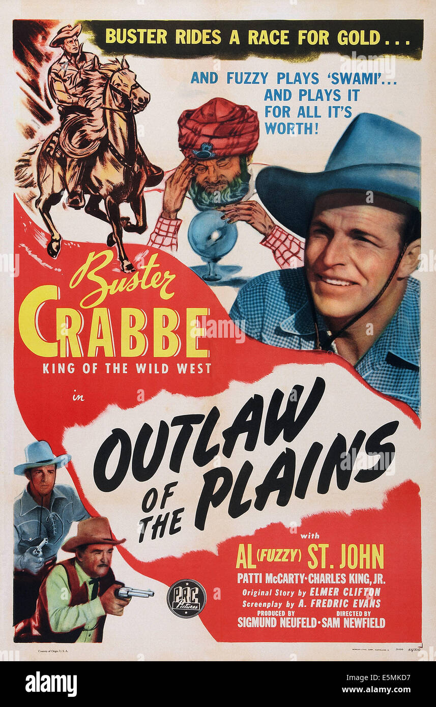 OUTLAW OF THE PLAINS, USA Plakatkunst, Center: Al St. John; oben rechts: Buster Crabbe; unten links: Buster Crabbe, Bud Osborne, Stockfoto