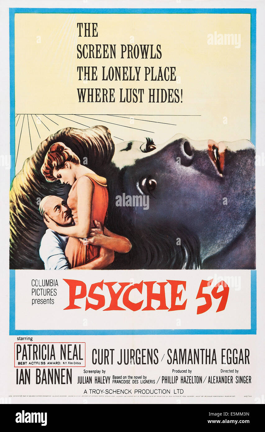 PSYCHE 59, US-Plakat, von links: Curd Jürgens, Samantha Eggar, Patricia Neal (hinten), 1964 Stockfoto PSYCHE 59, US-Plakat, von links: Curd Jürgens, Samantha Eggar, Patricia Neal (hinten), 1964 Stockfoto