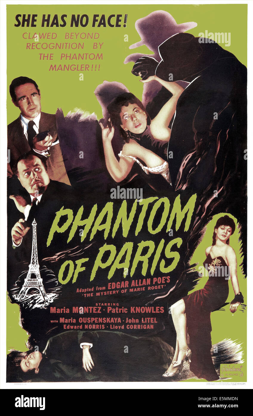 PHANTOM von PARIS, (aka THE MYSTERY OF MARIE ROGET), US-Plakat, oben links: Patric Knowles, Maria Montez (Mitte), 1942 Stockfoto