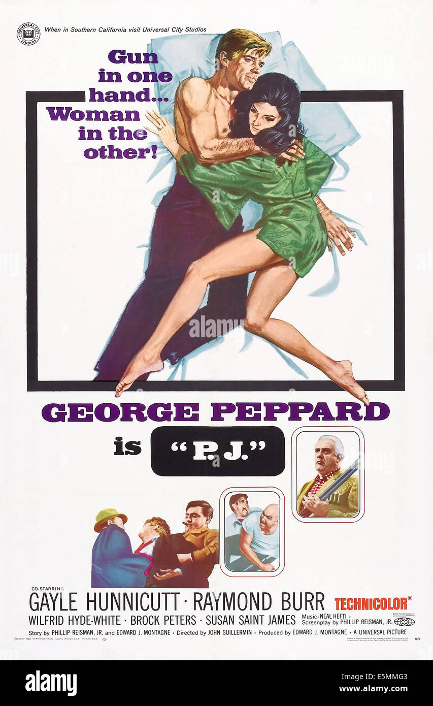 P.j., US-Plakatkunst, oben, von links, George Peppard, Gayle Hunnicutt; unten rechts: Raymond Burr, 1968 Stockfoto