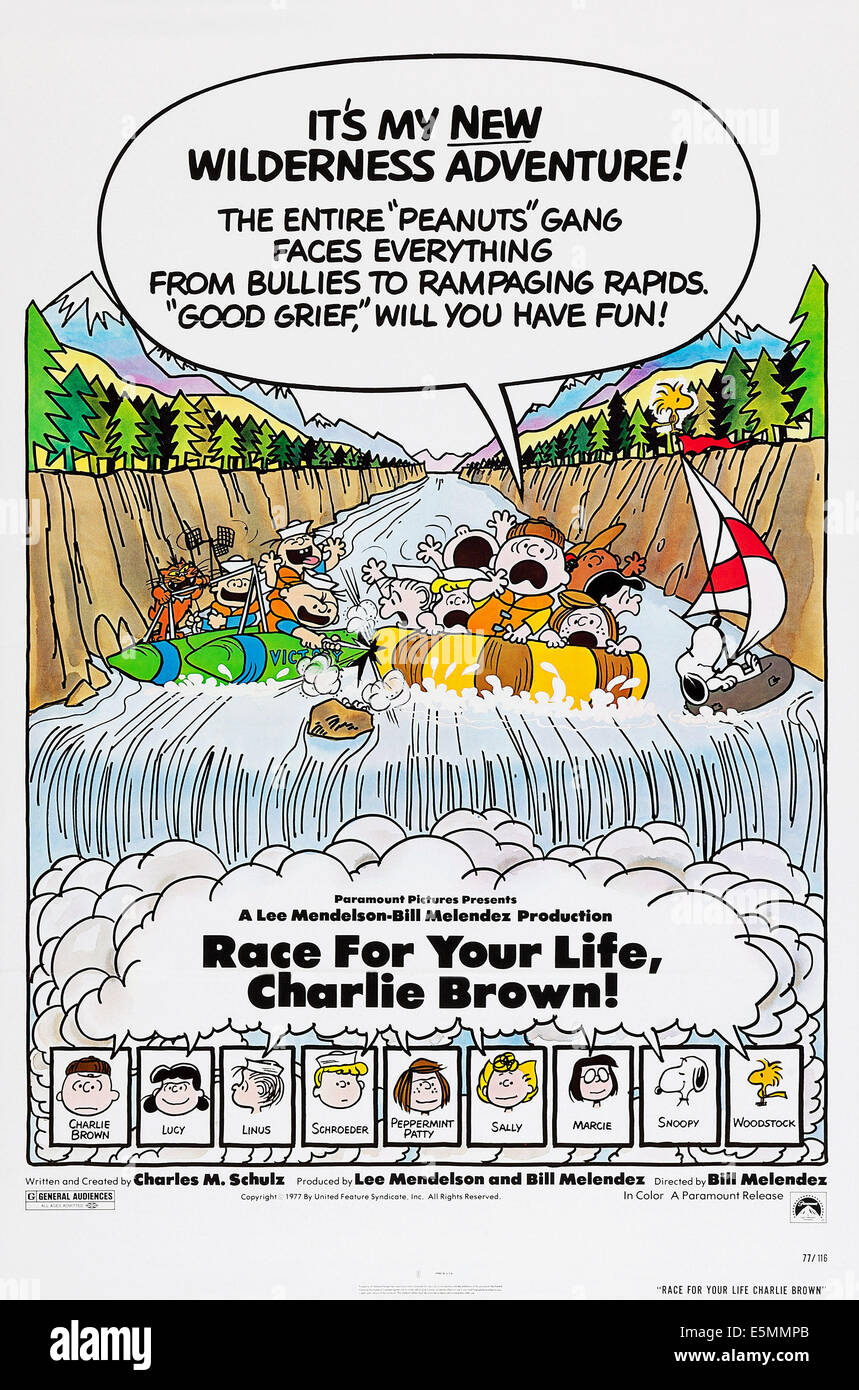 Rennen für YOUR LIFE, CHARLIE BROWN, US-Plakat, unten von links: Charlie Brown, Lucy Van Pelt, Linus Van Pelt, Schroeder, Stockfoto